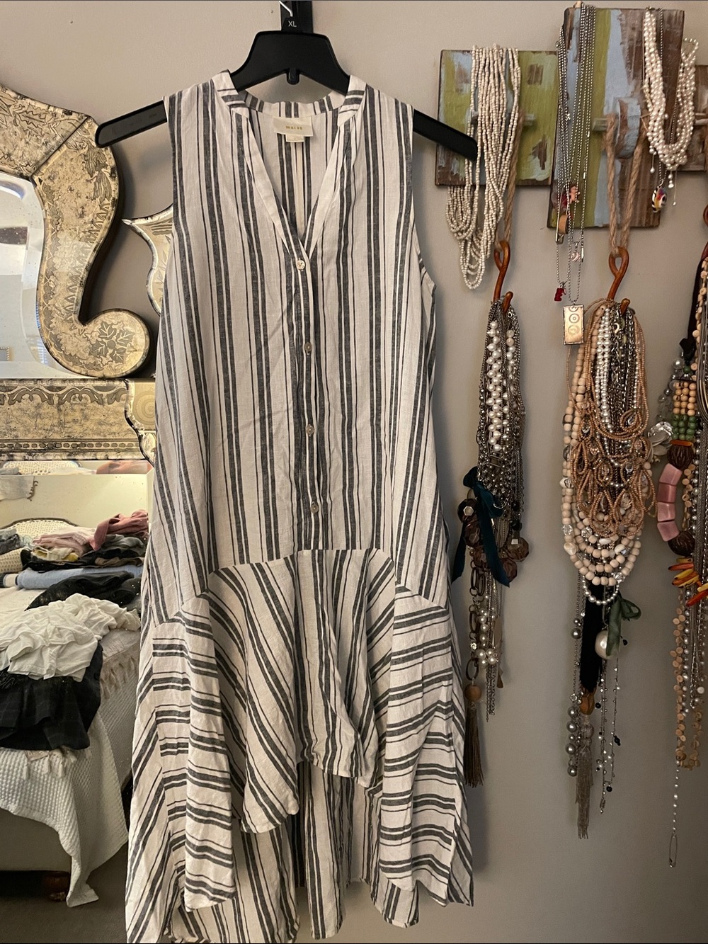 Anthropologie Maeve Sleeveless Vertical-Stripe High-Low Dress - White & Black